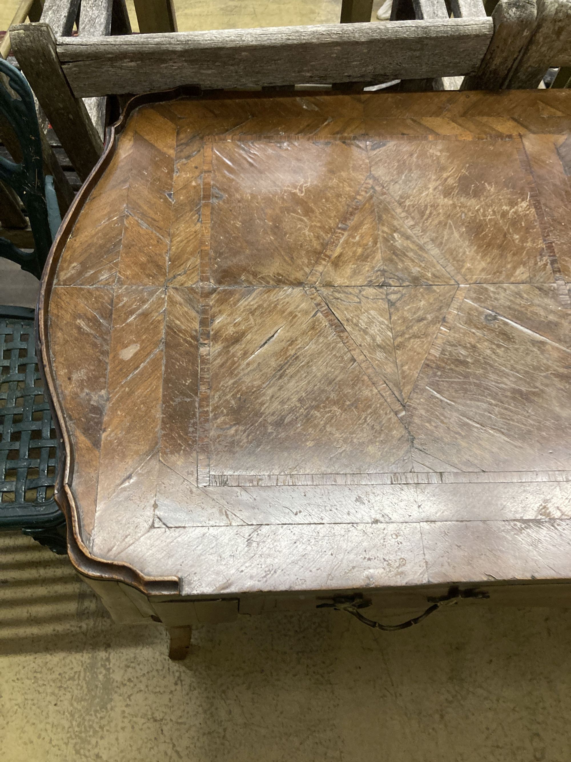 A Louis XV kingwood veneered side table, fitted one long drawer (requiring restoration), width 118cm, depth 63cm, height 79cm